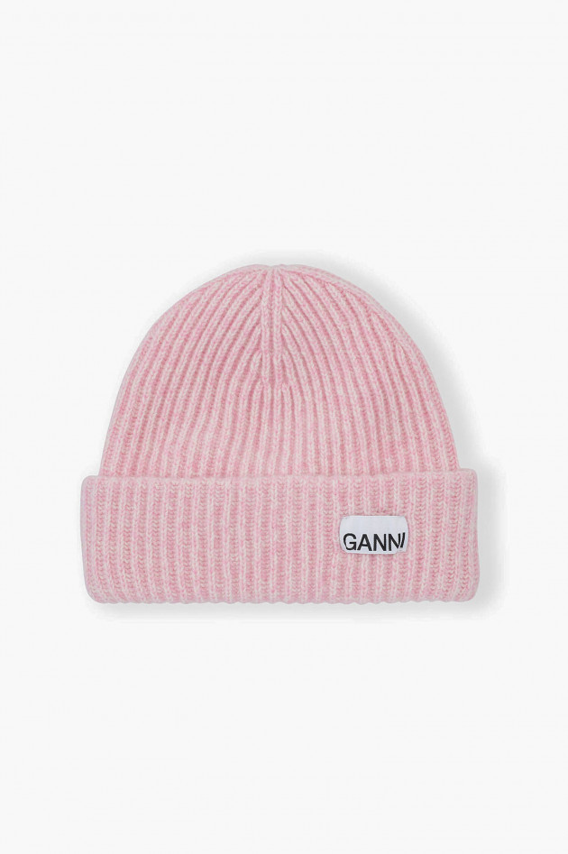 Ganni Rippstrick Beanie in Rosa meliert