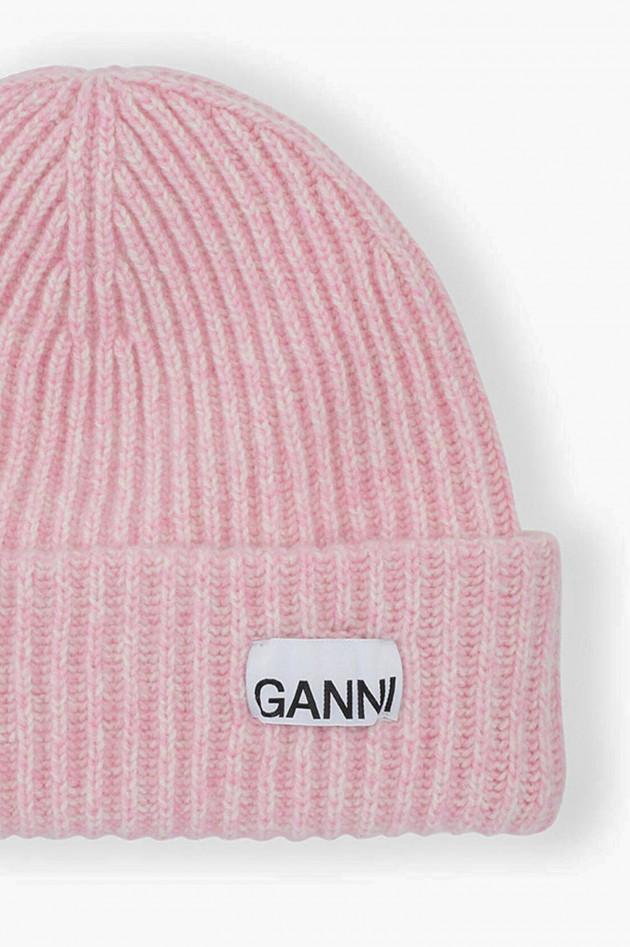 Ganni Rippstrick Beanie in Rosa meliert