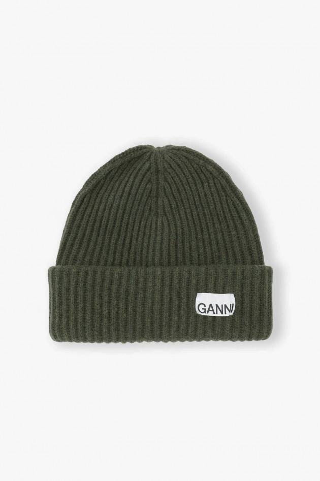 Ganni Rippstrick Beanie in Olivgrün