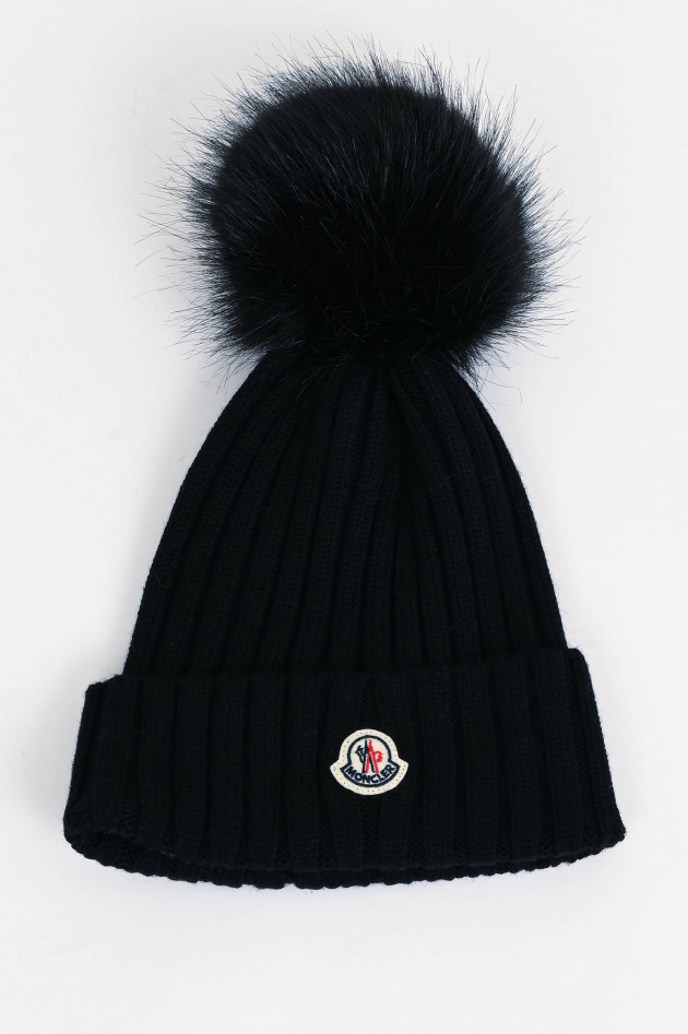 Moncler Mütze mit Fellbommel in Schwarz