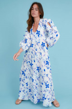 Maxi Kleid mit Flower-Print in Weiß/Blau/Rosa