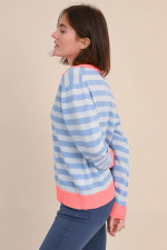 Cashmerepullover in Blau/Koralle