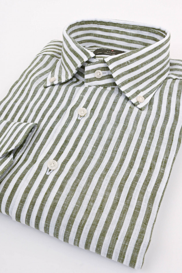 Artigiano Leinenhemd mit Streifen in Oliv/Weiß